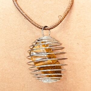 925 Sterling Silver Plated &Tiger’s Eye Crystal Large Spiral Wire Wrapped Cage